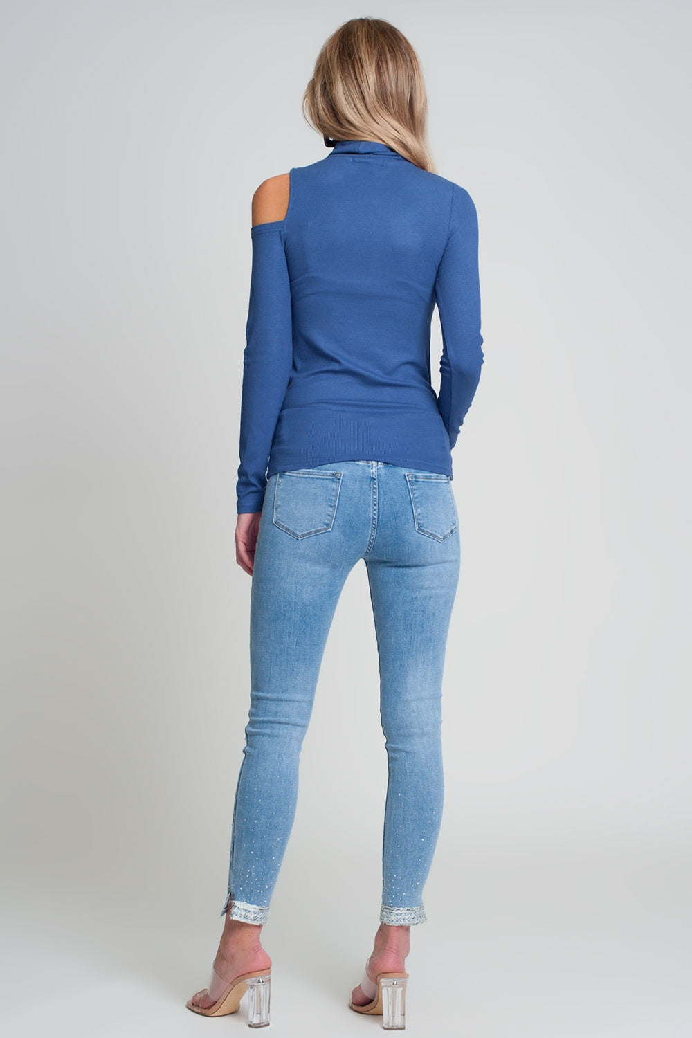 Blue sweater with one open shoulder and high neck Q2 Sweaters BoutiqueLua