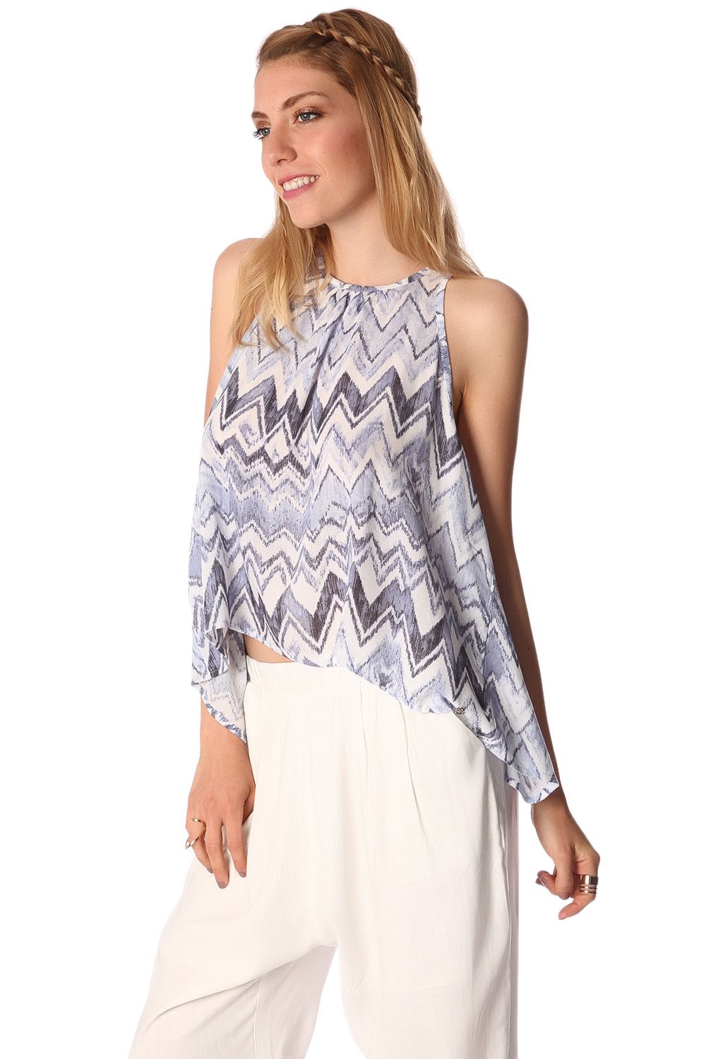 Q2 Blue top with dip back in zig zag print