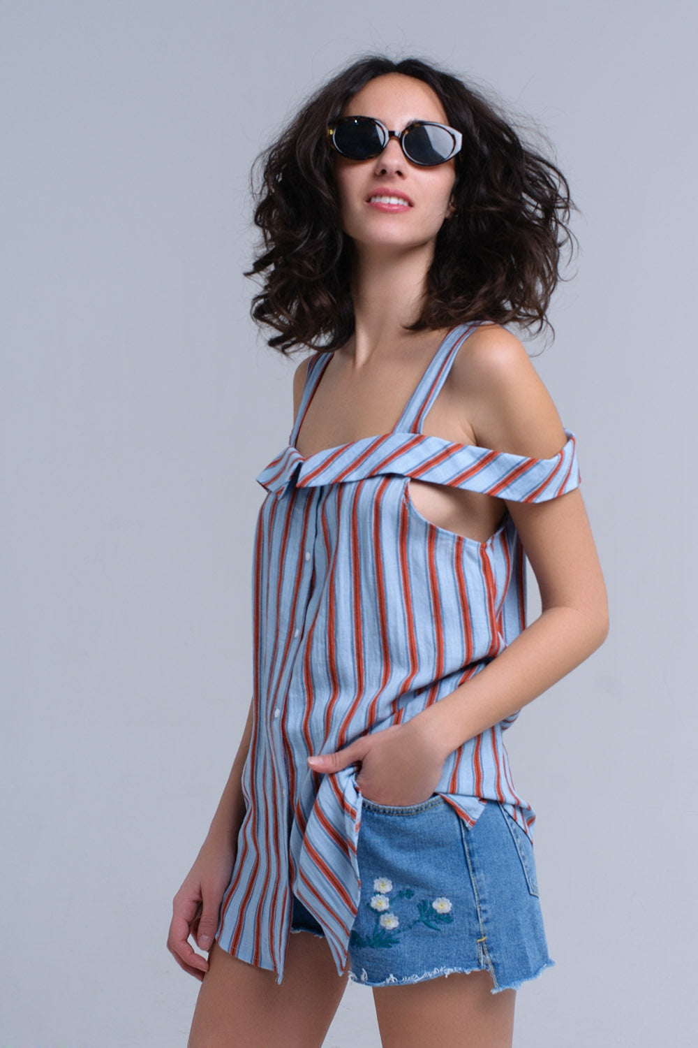 Blue top with orange stripes Q2 Shirts BoutiqueLua