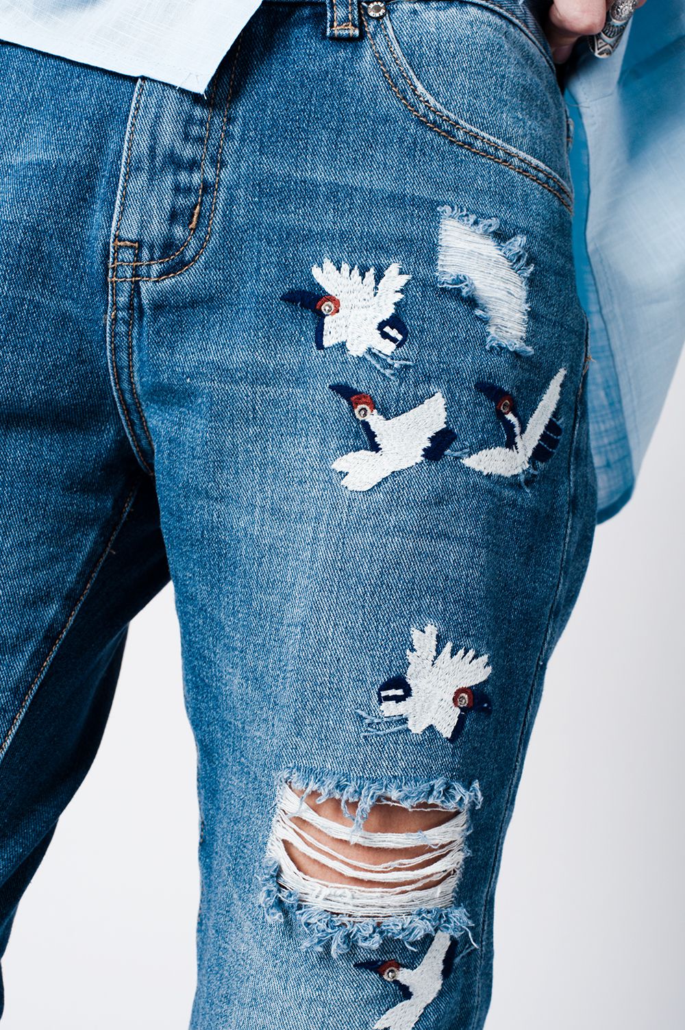 Blue wash mom jeans bird embroidery Q2 Jeans BoutiqueLua