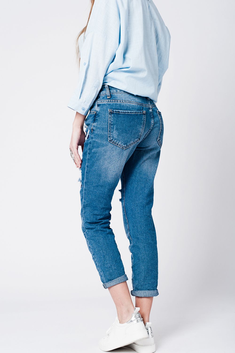 Blue wash mom jeans bird embroidery Q2 Jeans BoutiqueLua