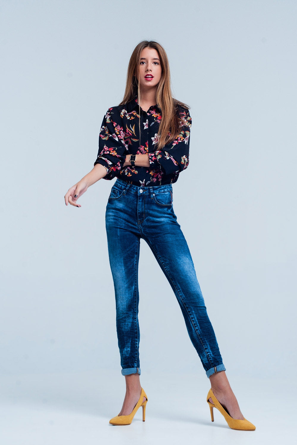 Blue wrinkled high-waist skinny jeans Q2 Jeans BoutiqueLua