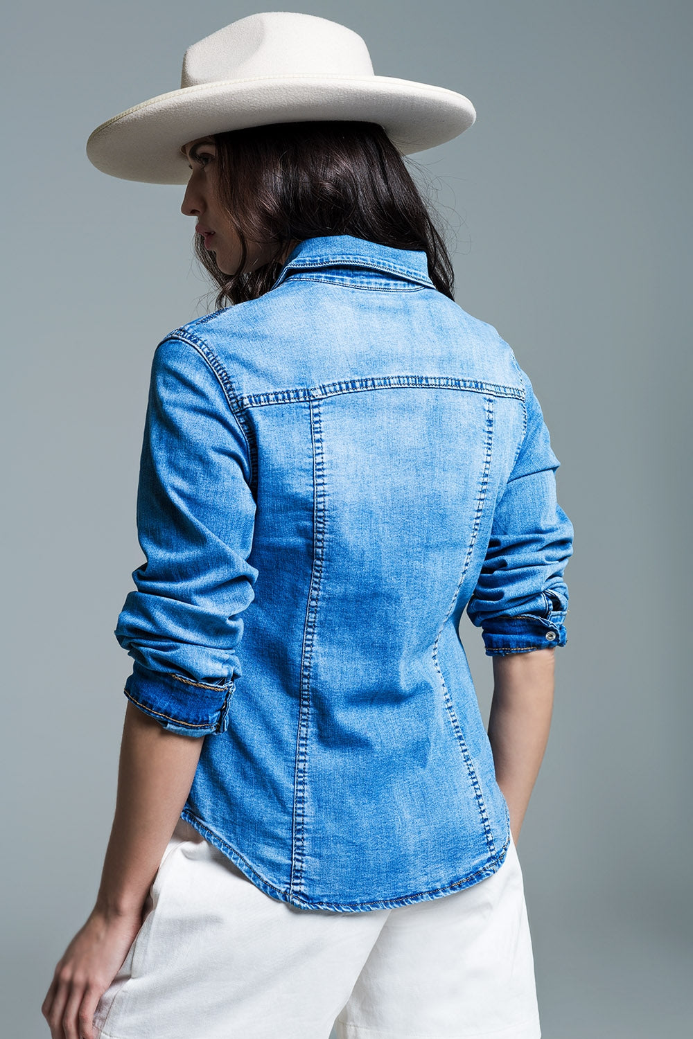 Body Con Mid Wash Denim Shirt  With Chest Pockets And Press Buttons