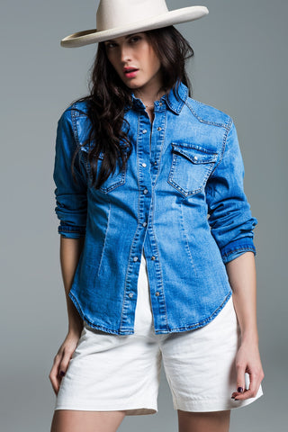 Body Con Mid Wash Denim Shirt  With Chest Pockets And Press Buttons