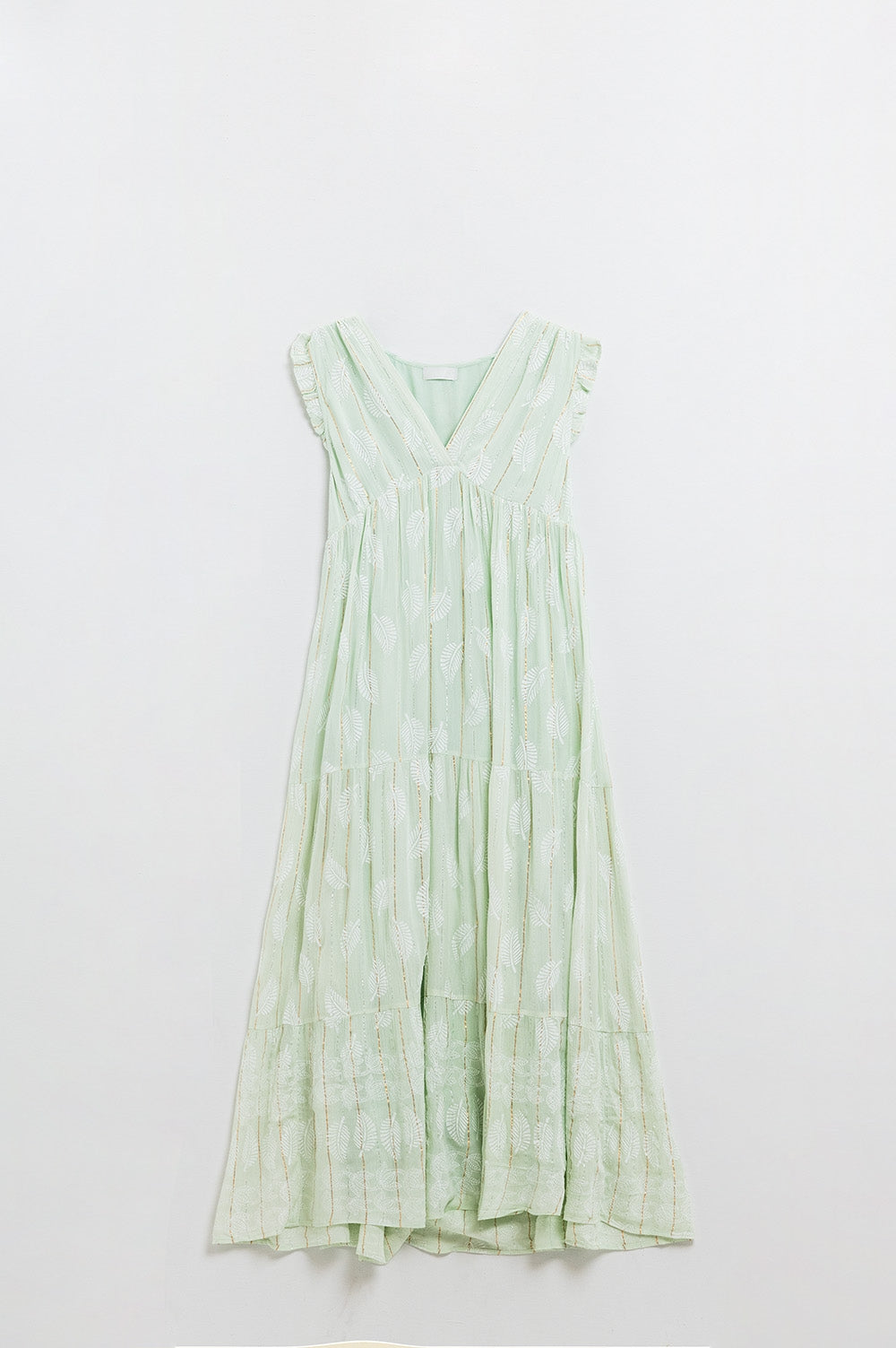 Boho Maxi Babydoll Dress With Leaf Print and Lurex in Mint Q2 Dresses BoutiqueLua