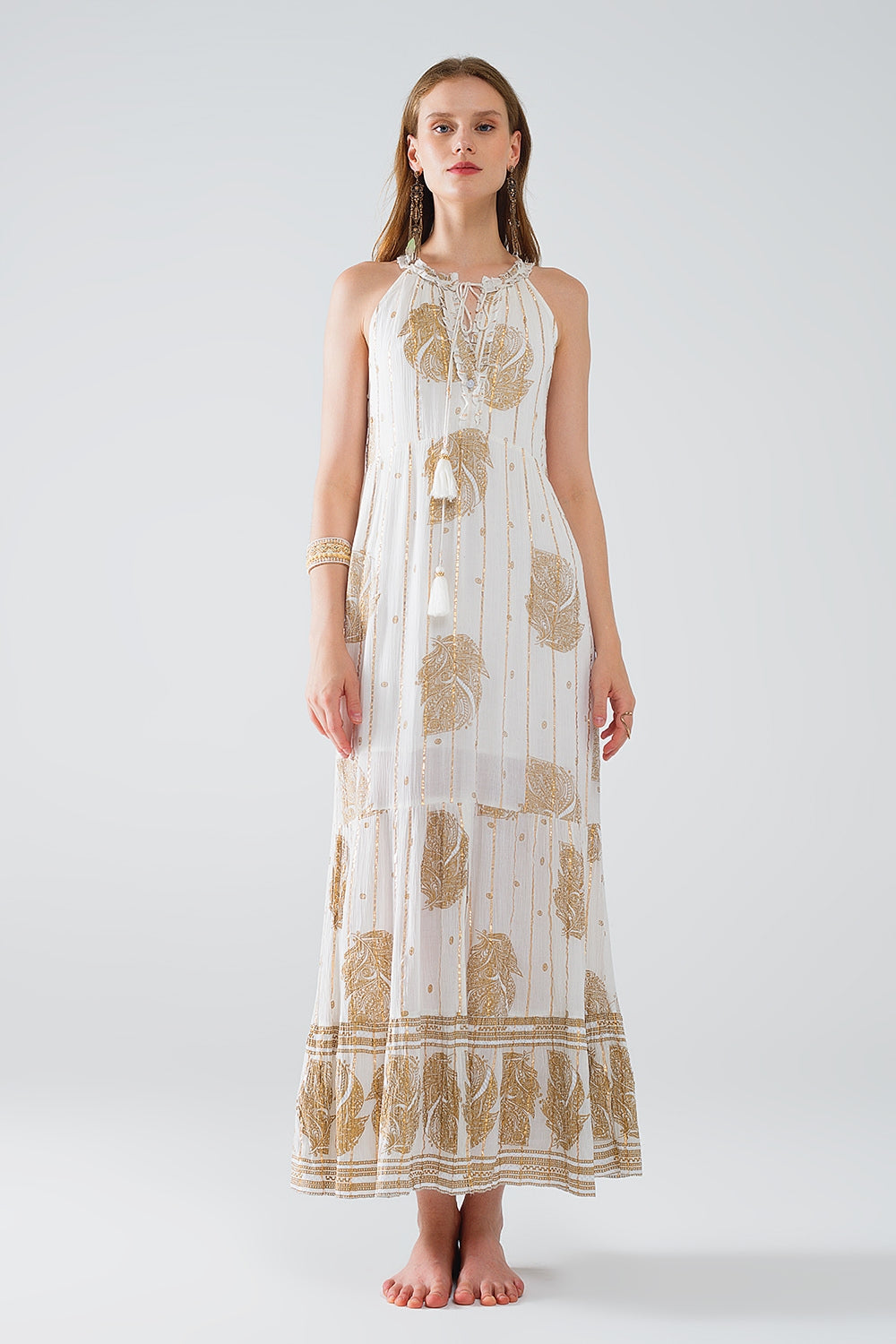 boho maxi chiffon dress with gold flower print Q2 Dresses BoutiqueLua