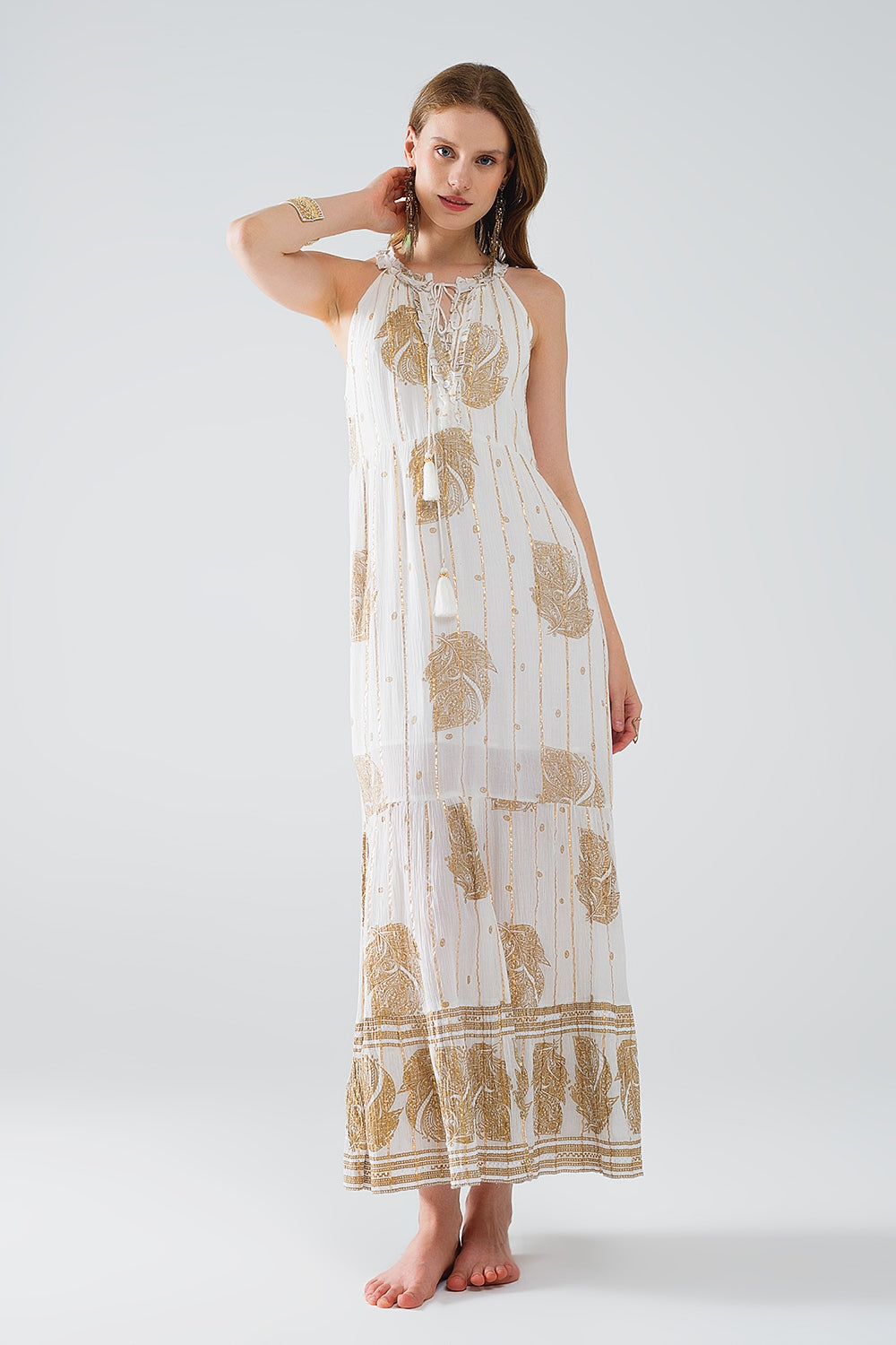 boho maxi chiffon dress with gold flower print Q2 Dresses BoutiqueLua