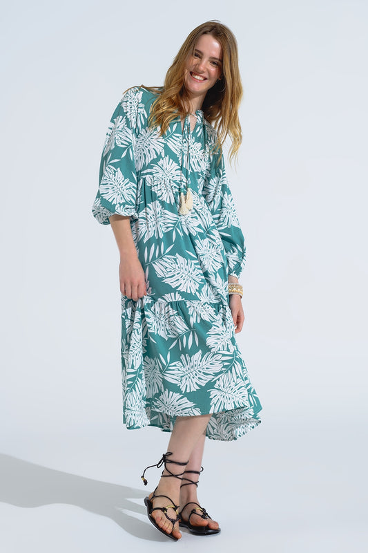 Q2 Boho Maxi Dress With Balloon Sleeves And Leaf Print In Green