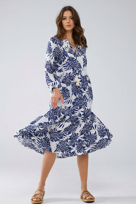 Q2 Boho Maxi Dress With Balloon Sleeves And Leaf Print In navy and White