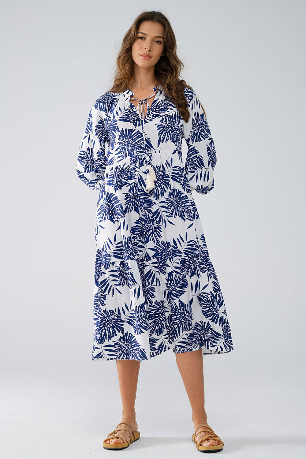 Boho Maxi Dress With Balloon Sleeves And Leaf Print In navy and White Q2 Dresses BoutiqueLua