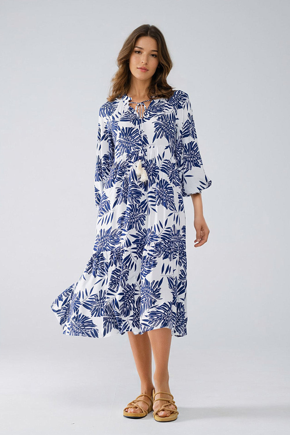 Boho Maxi Dress With Balloon Sleeves And Leaf Print In navy and White Q2 Dresses BoutiqueLua