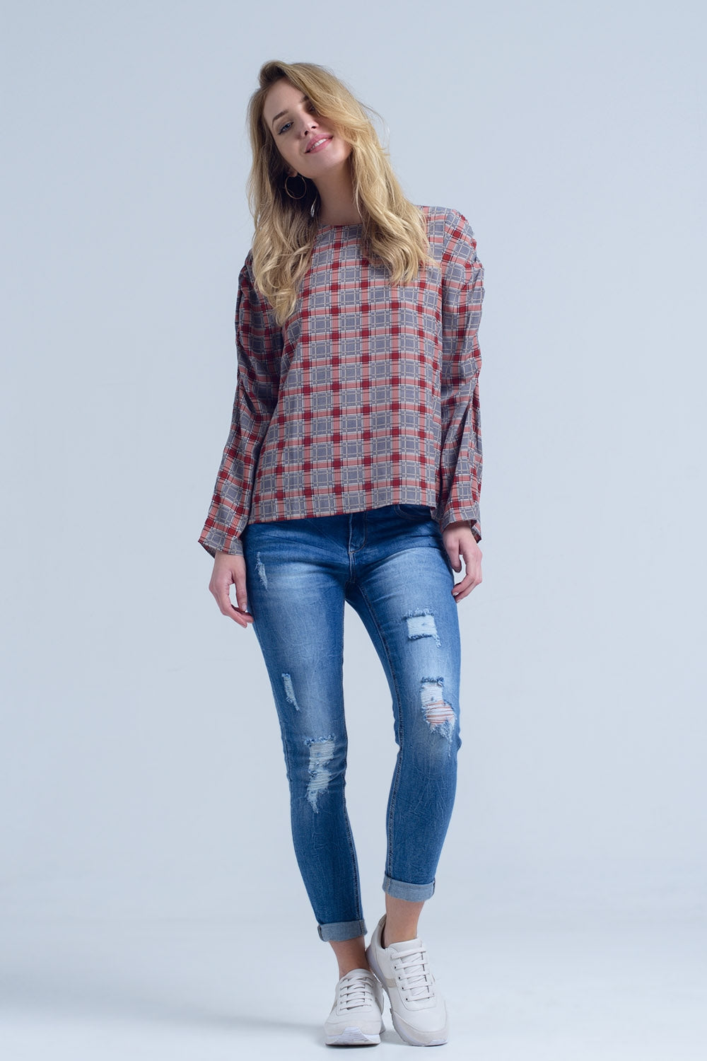 Bordeaux top with check print Q2 Shirts BoutiqueLua