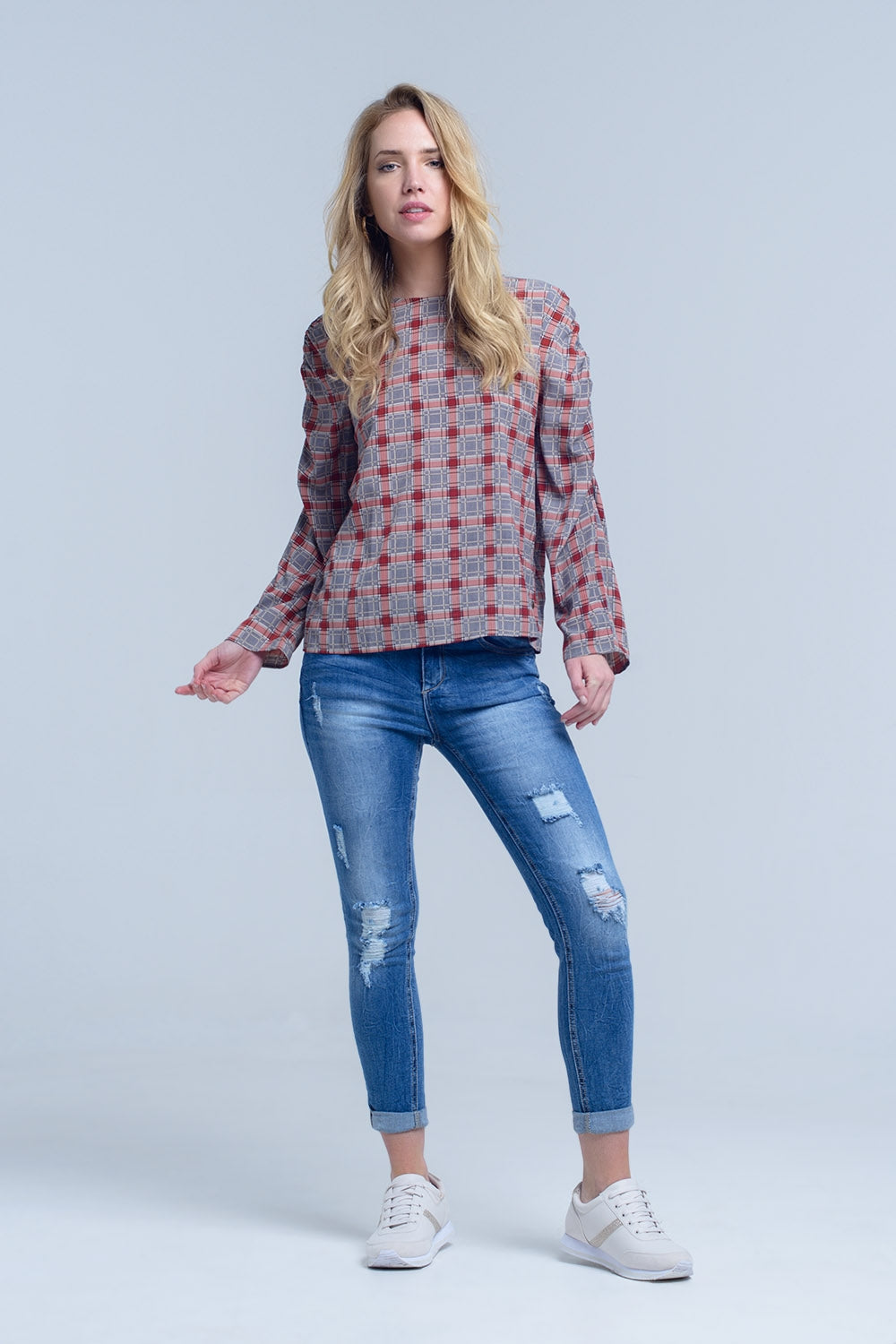 Bordeaux top with check print Q2 Shirts BoutiqueLua