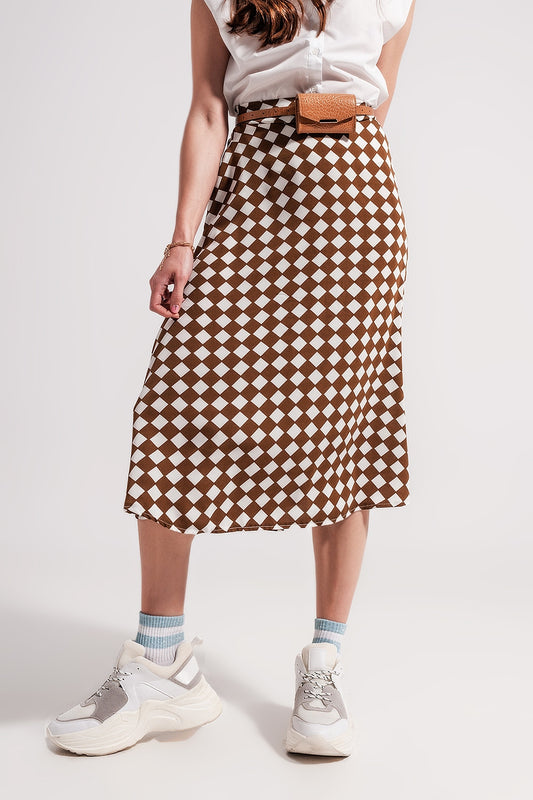 Q2 Brown Checkerboard Midi Skirt