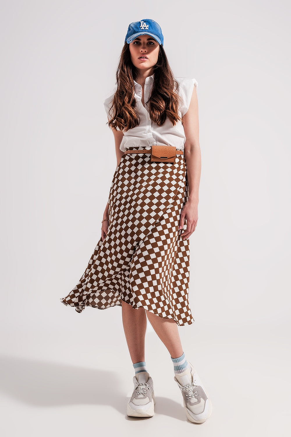 Brown Checkerboard Midi Skirt Q2 Skirts BoutiqueLua