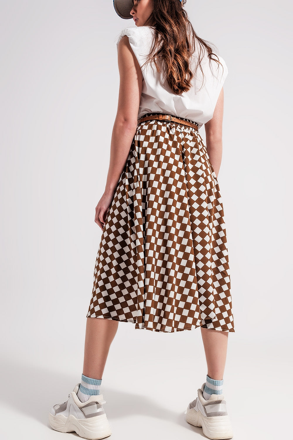 Brown Checkerboard Midi Skirt Q2 Skirts BoutiqueLua