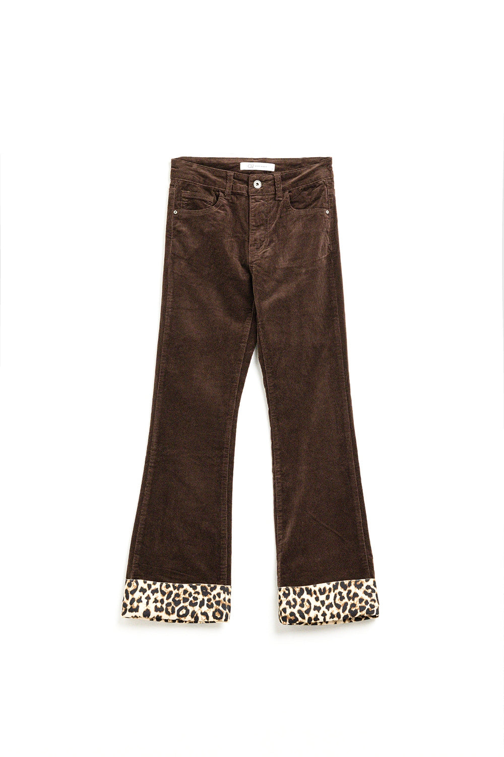 Pantalon évasé en velours côtelé marron avec imprimé léopard en bas