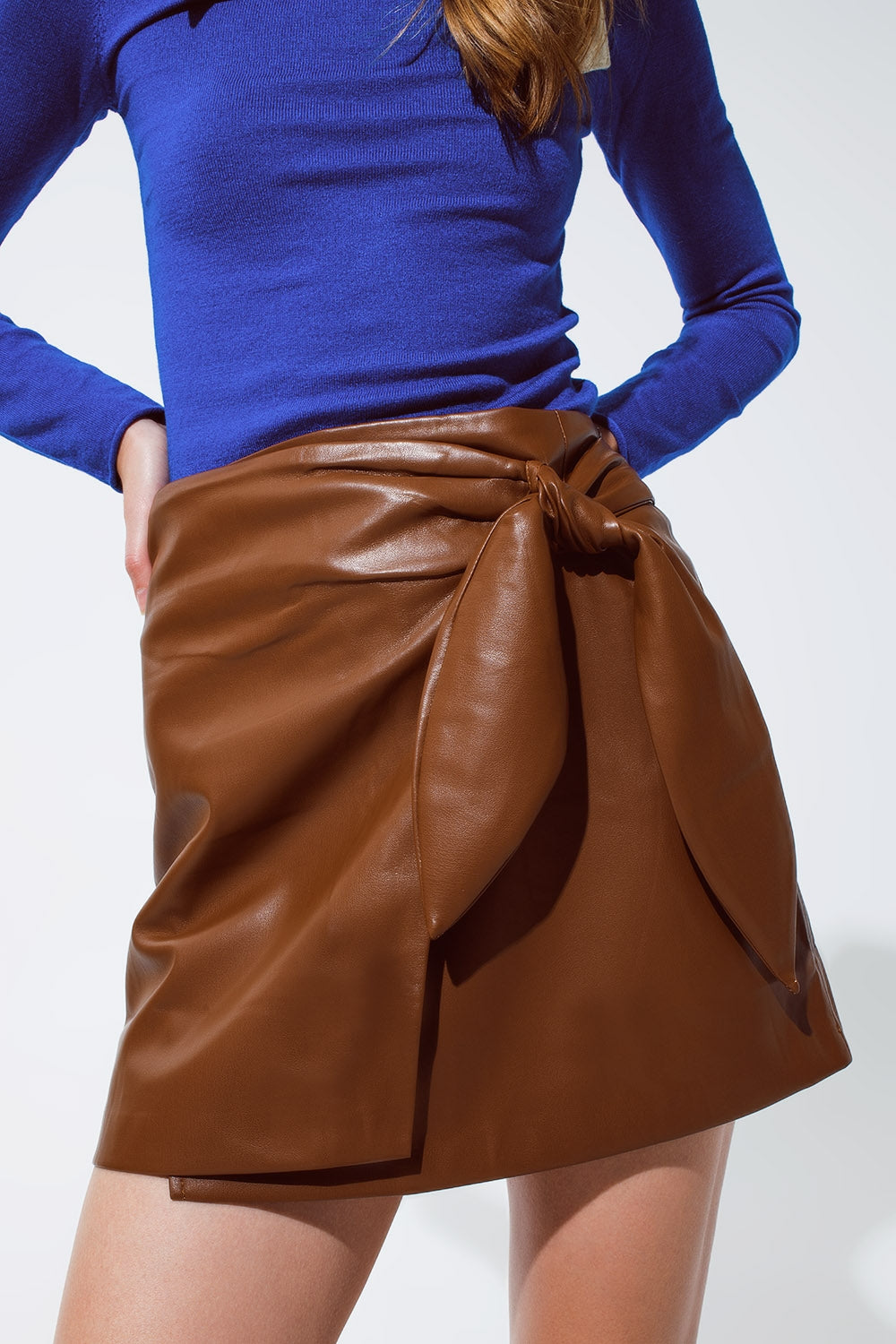 Brown faux leather mini skirt with bow on the side Q2 Skirts BoutiqueLua