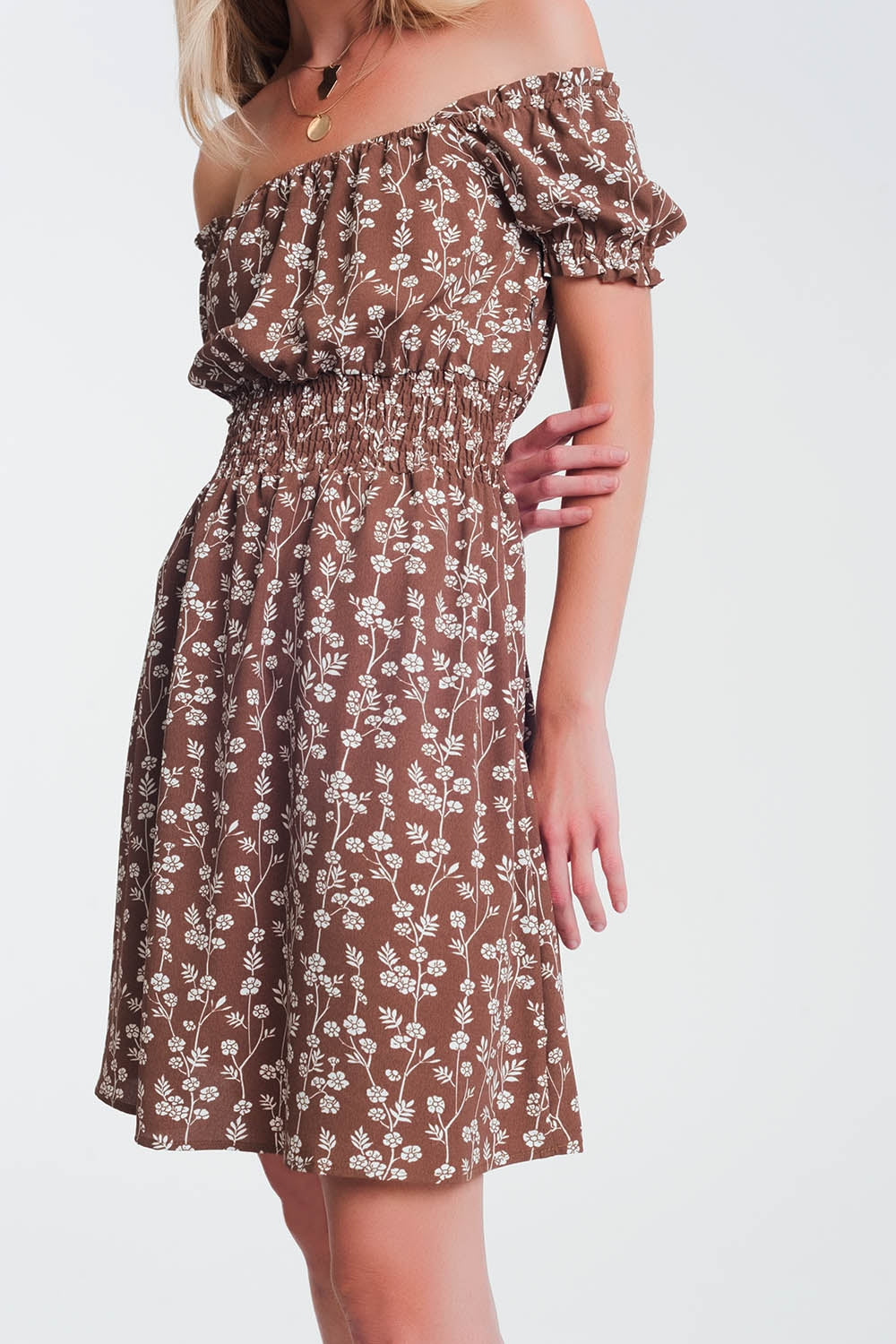 Brown mini bardot dress in floral print Q2 Dresses BoutiqueLua