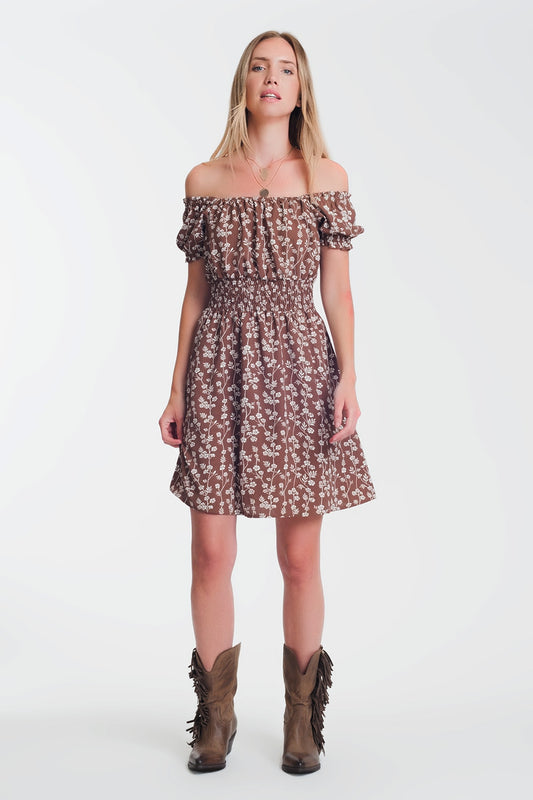 Q2 Brown mini bardot dress in floral print