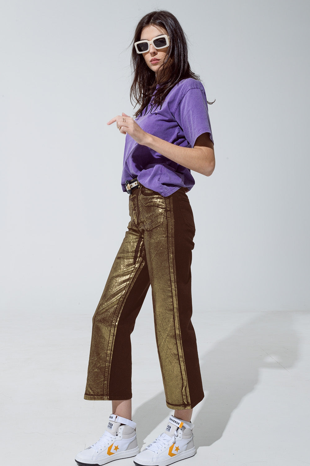 Brown straight leg jeans with gold metallic glow Q2 Jeans BoutiqueLua