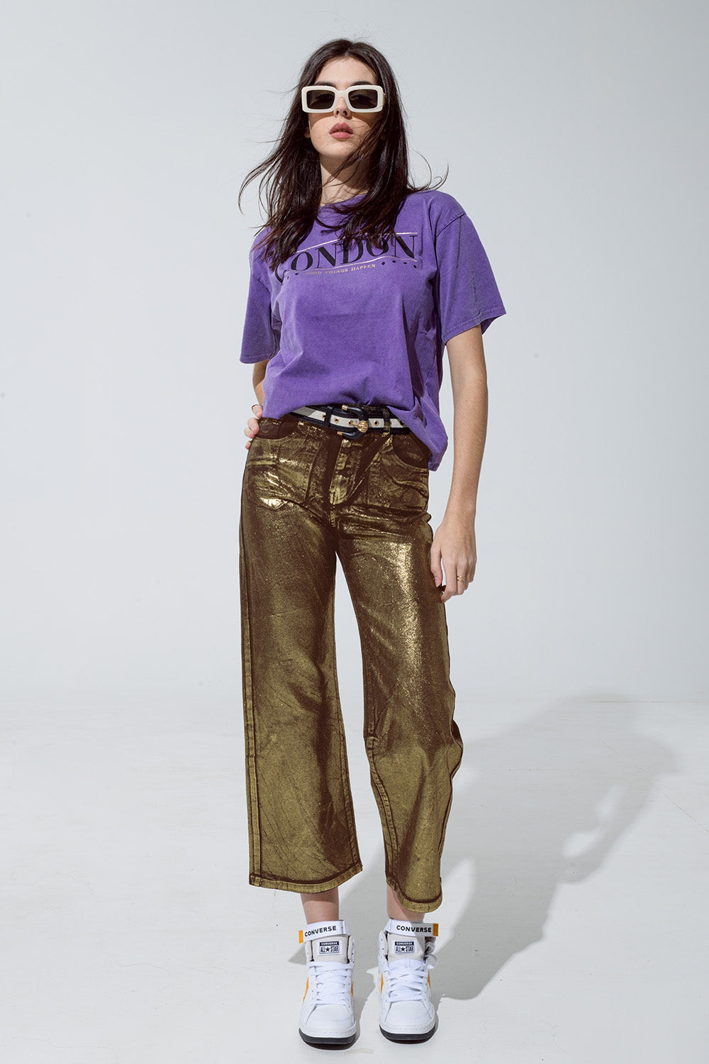 Brown straight leg jeans with gold metallic glow Q2 Jeans BoutiqueLua