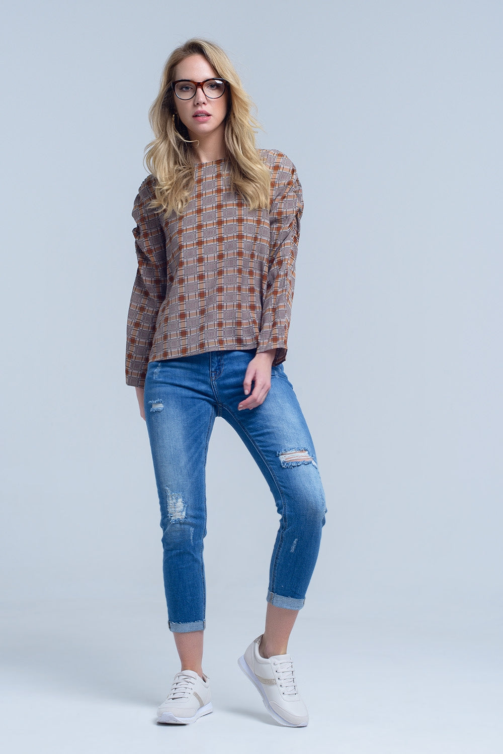 Brown top with check print Q2 Shirts BoutiqueLua