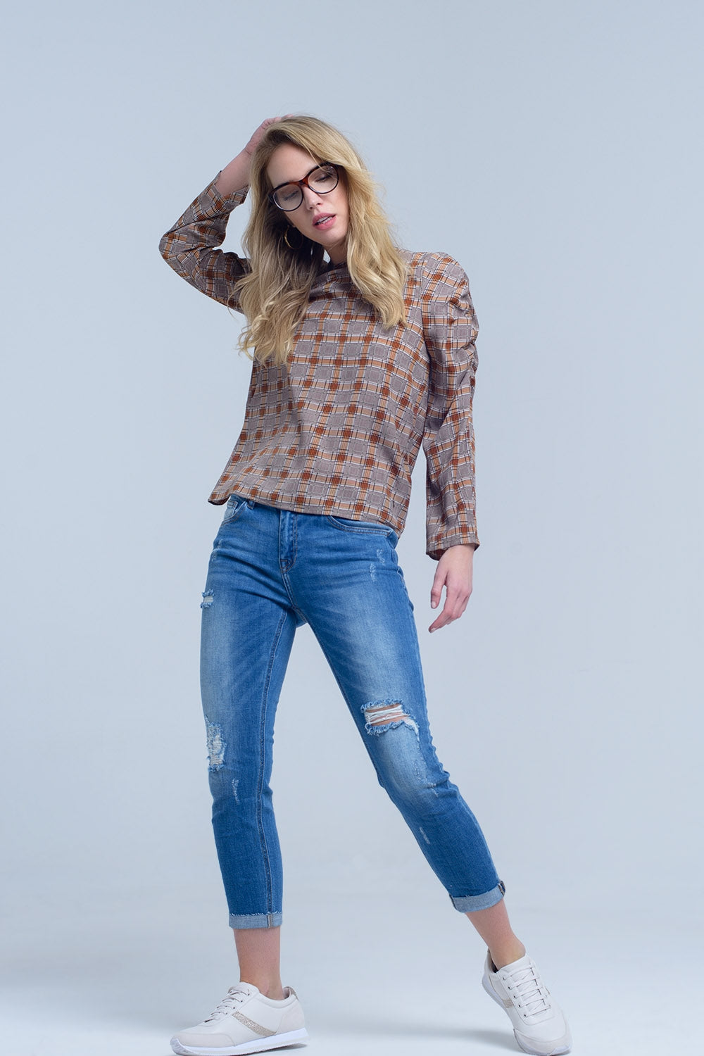 Brown top with check print Q2 Shirts BoutiqueLua