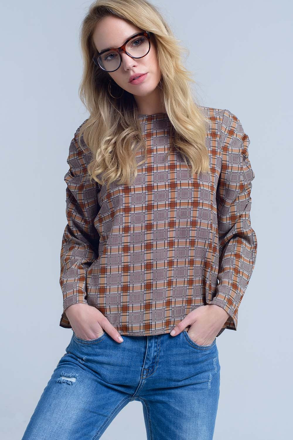 Brown top with check print Q2 Shirts BoutiqueLua