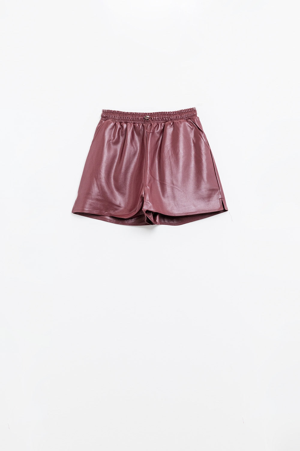 Burgundy faux leather shorts with gathering at the waist with drawstring Q2 Pants BoutiqueLua