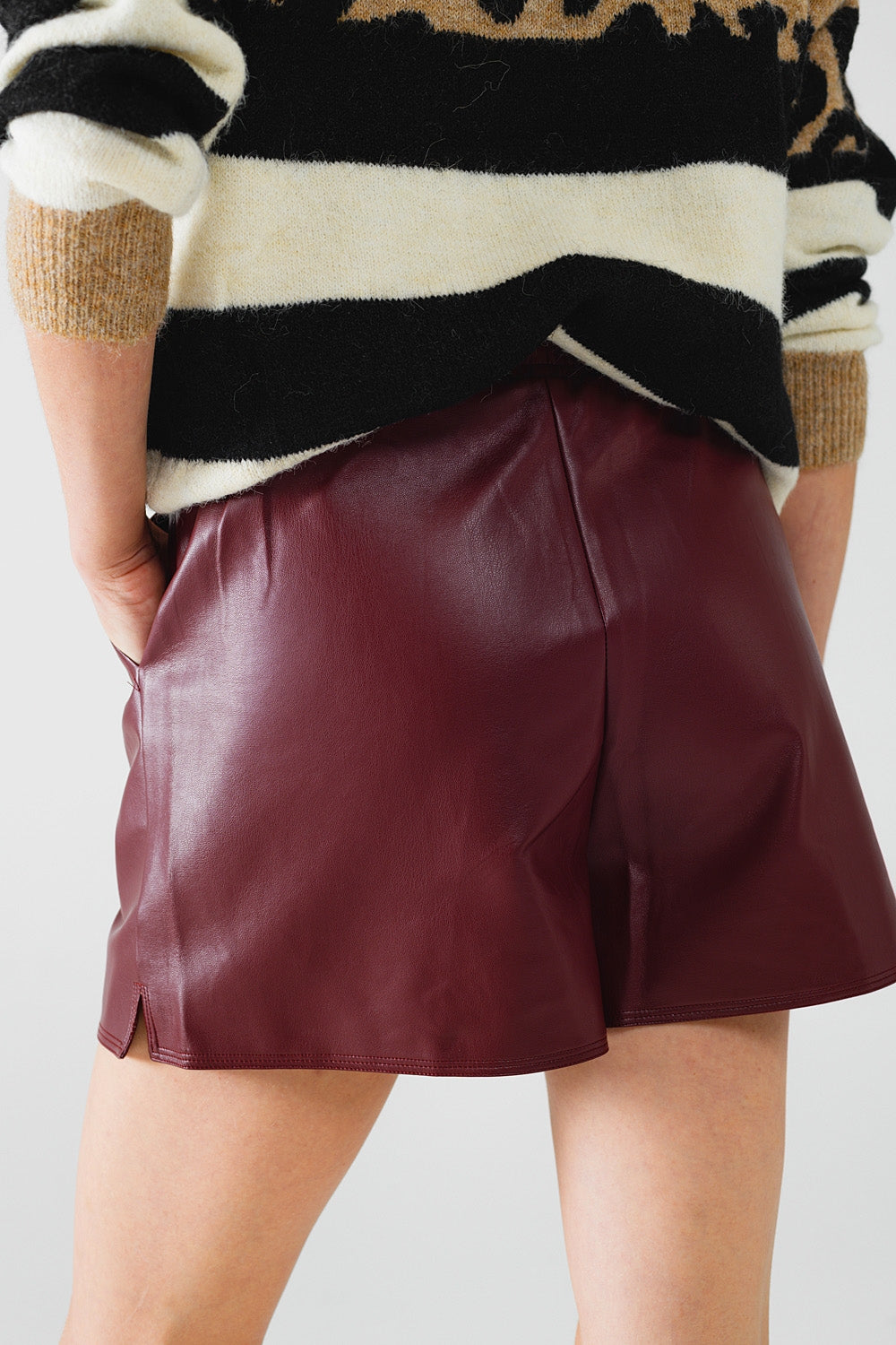 Burgundy faux leather shorts with gathering at the waist with drawstring Q2 Pants BoutiqueLua