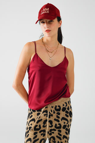 burgundy satin spaghetti strap top