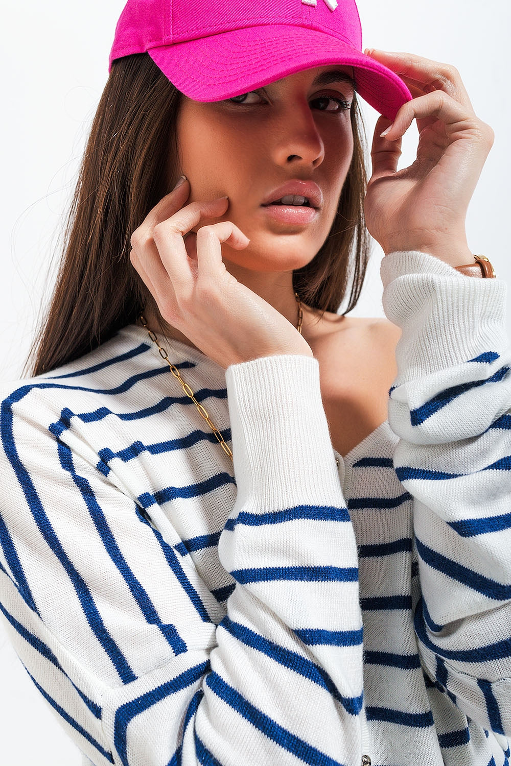 Button down cream cardigan top in stripe Q2 Sweaters BoutiqueLua