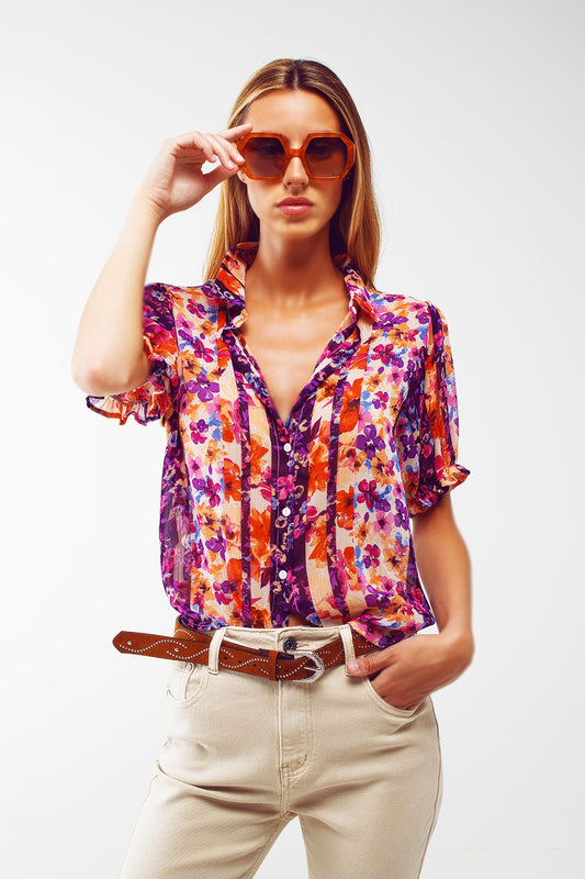 Button Down Shirt With Floral Print And Puff Short Sleeves Q2 Shirts BoutiqueLua