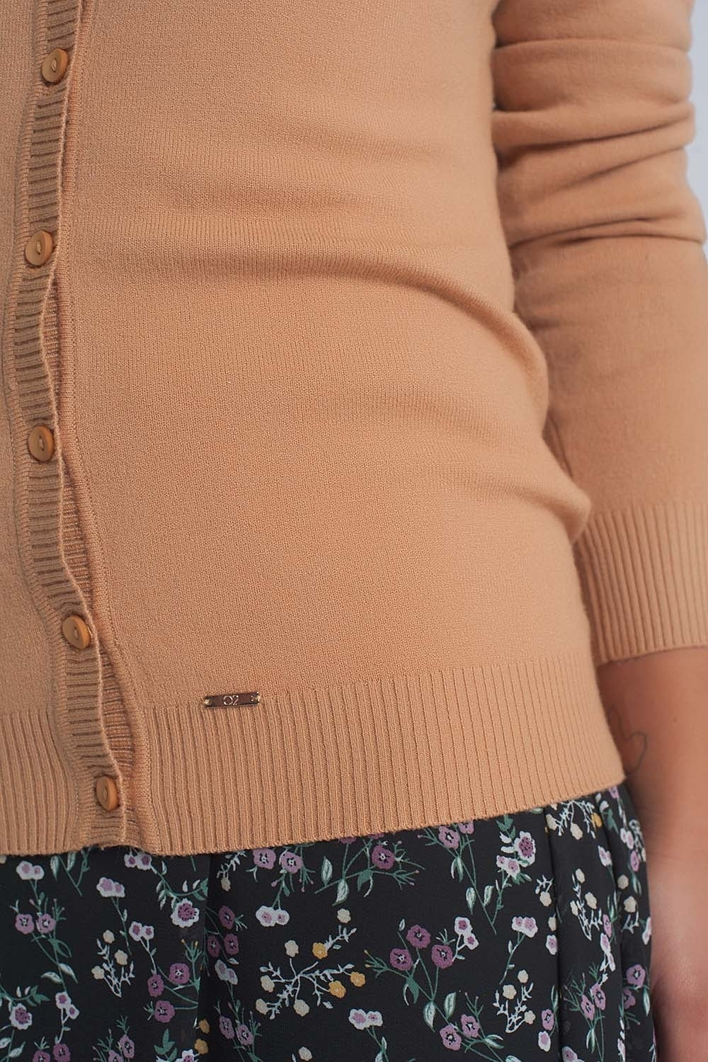 Button front cropped knit cardigan in camel Q2 Sweaters BoutiqueLua