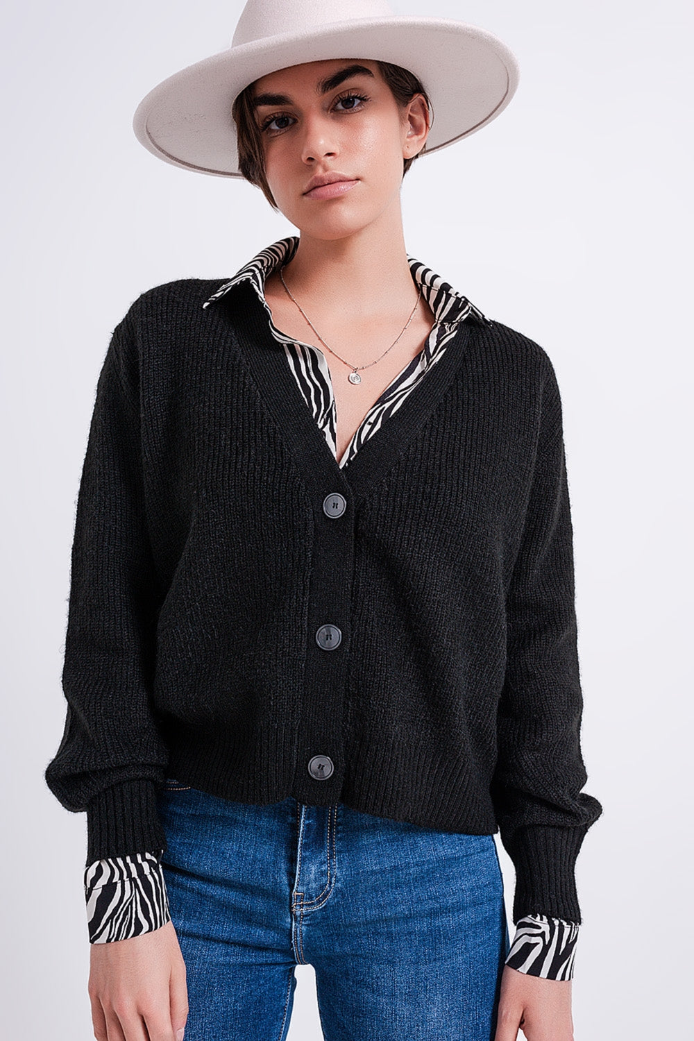 Button Through Cardigan in Black Q2 Sweaters BoutiqueLua