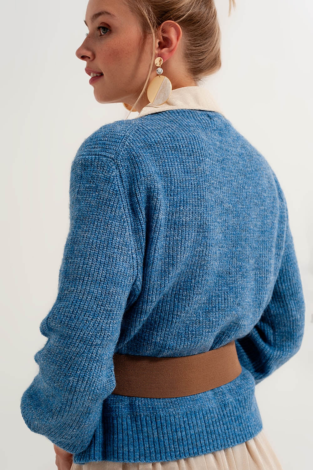 Button Through Cardigan in Blue Q2 Sweaters BoutiqueLua