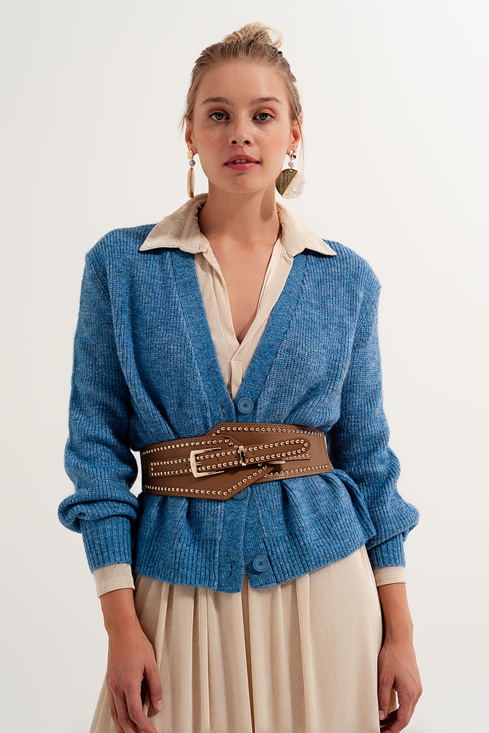 Button Through Cardigan in Blue Q2 Sweaters BoutiqueLua