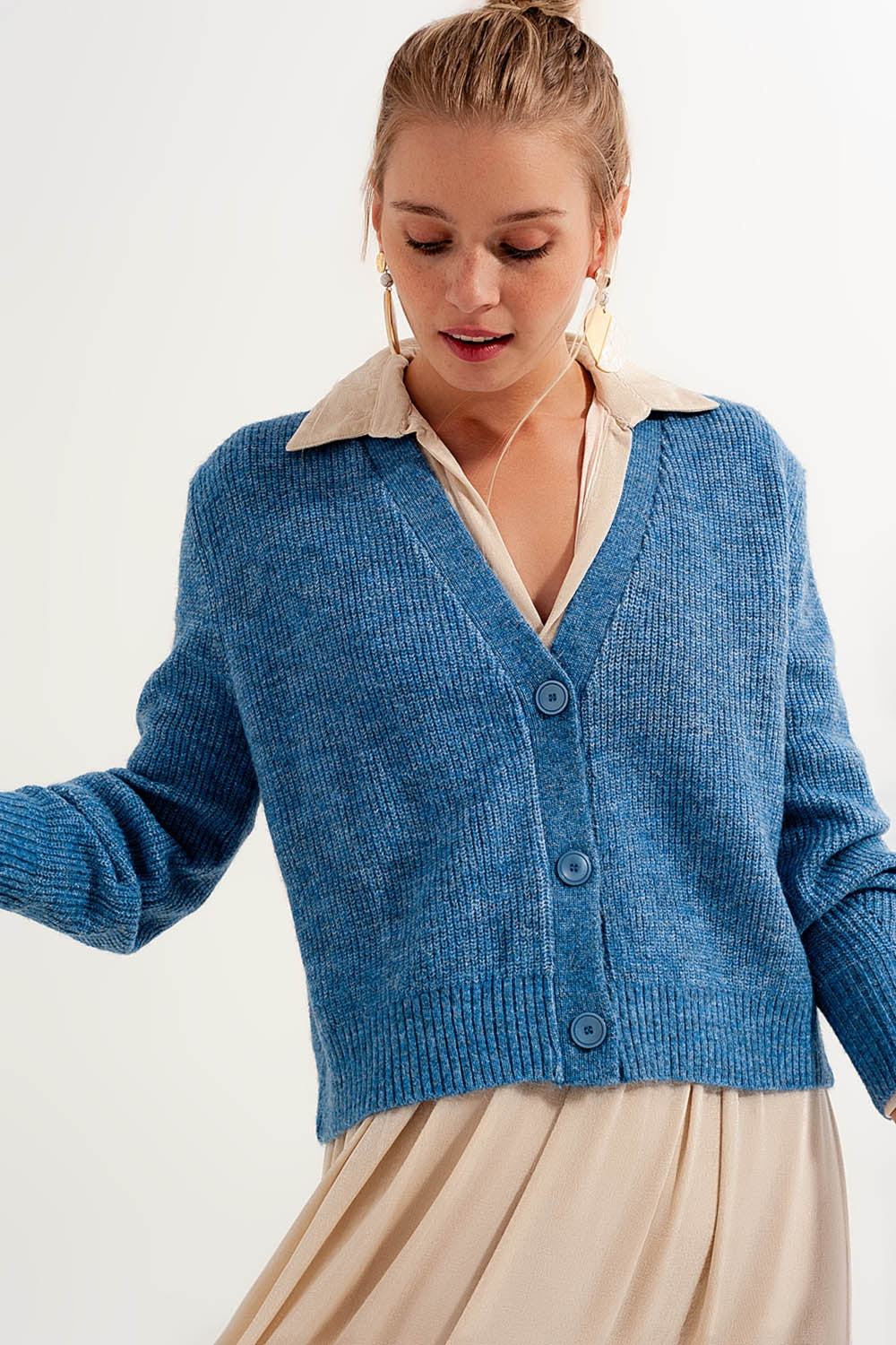 Button Through Cardigan in Blue Q2 Sweaters BoutiqueLua