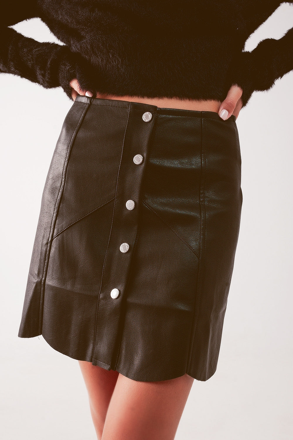 Button through mini skirt in black Q2 Skirts BoutiqueLua