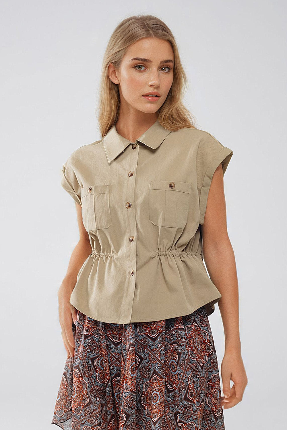 Button Up Khaki Shirt With Chest Pockets Q2 Shirts BoutiqueLua