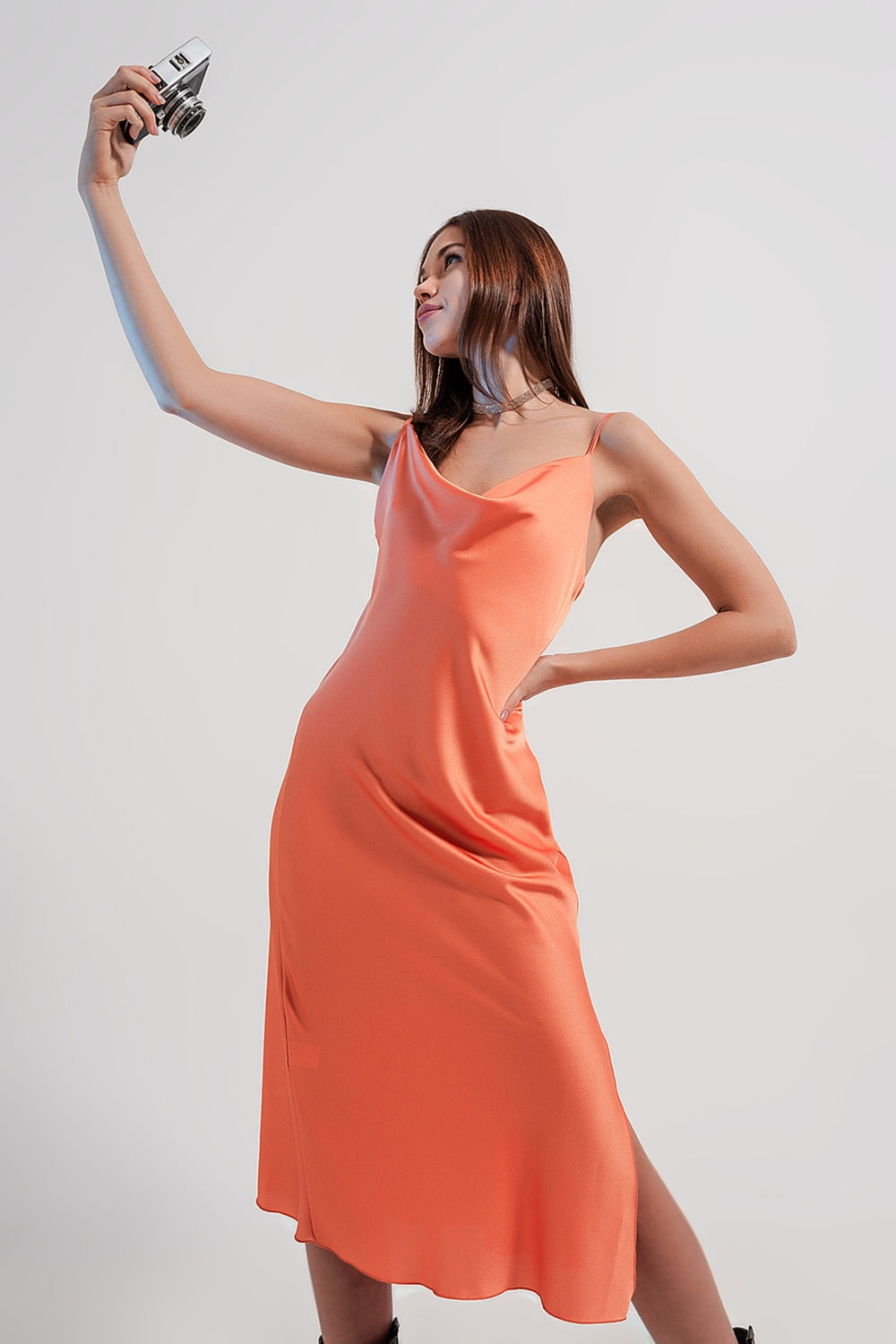 Cami midi slip dress in high shine satin in orange Q2 Dresses BoutiqueLua