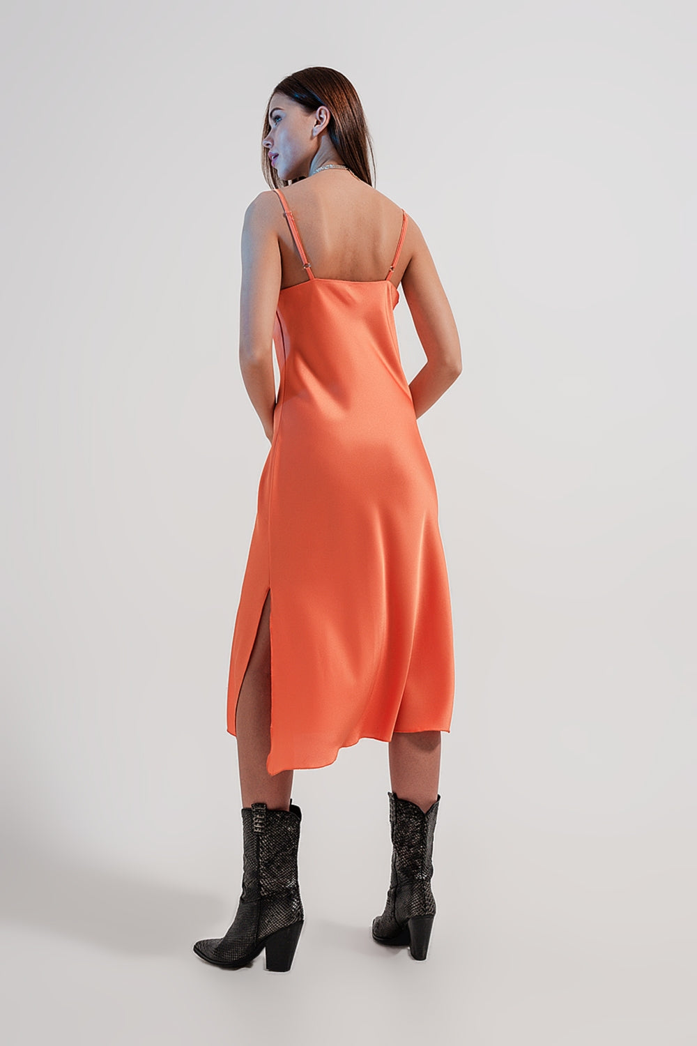 Cami midi slip dress in high shine satin in orange Q2 Dresses BoutiqueLua