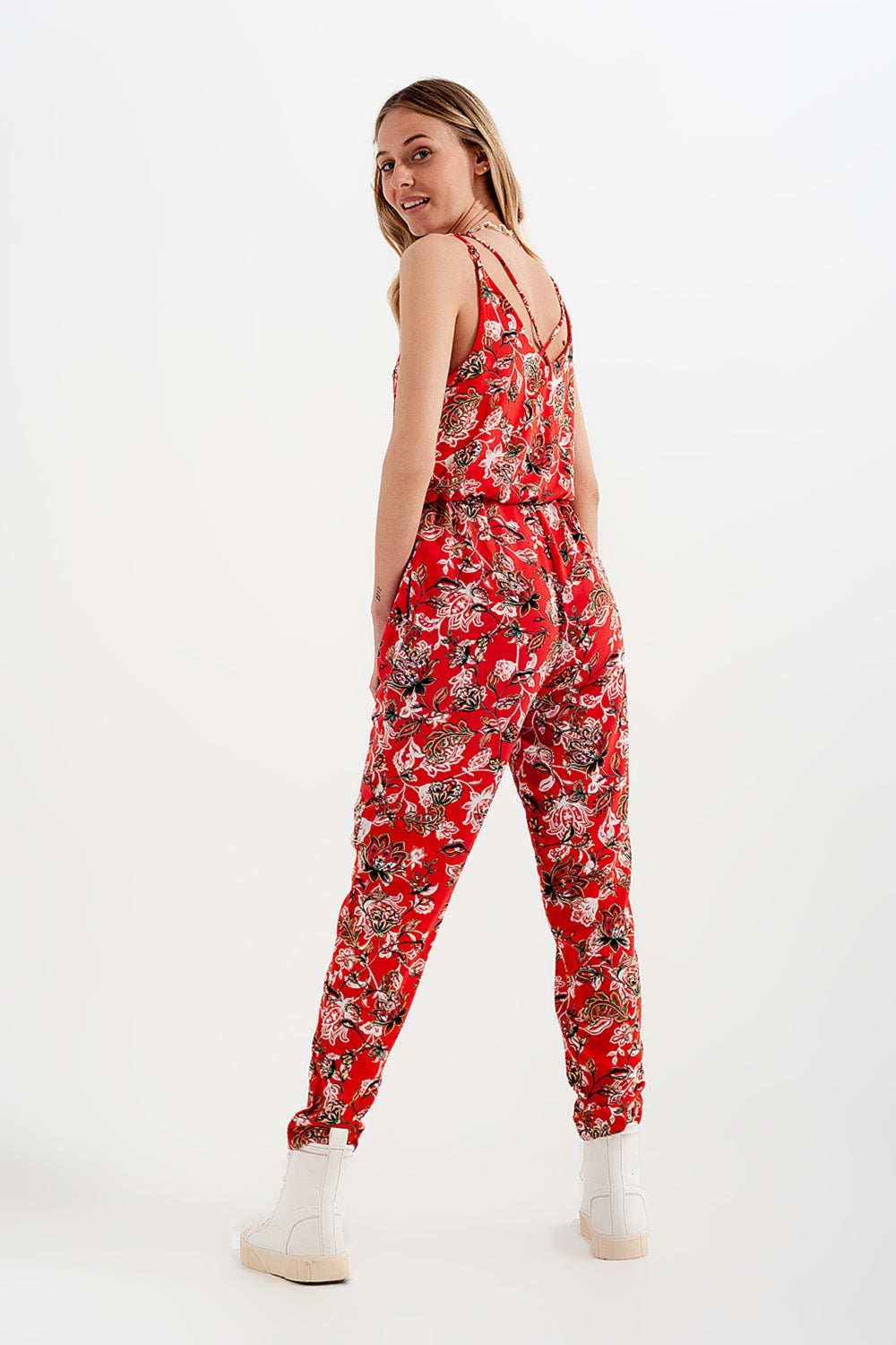 Cami strap jumpsuit in red floral print Q2 Dresses BoutiqueLua