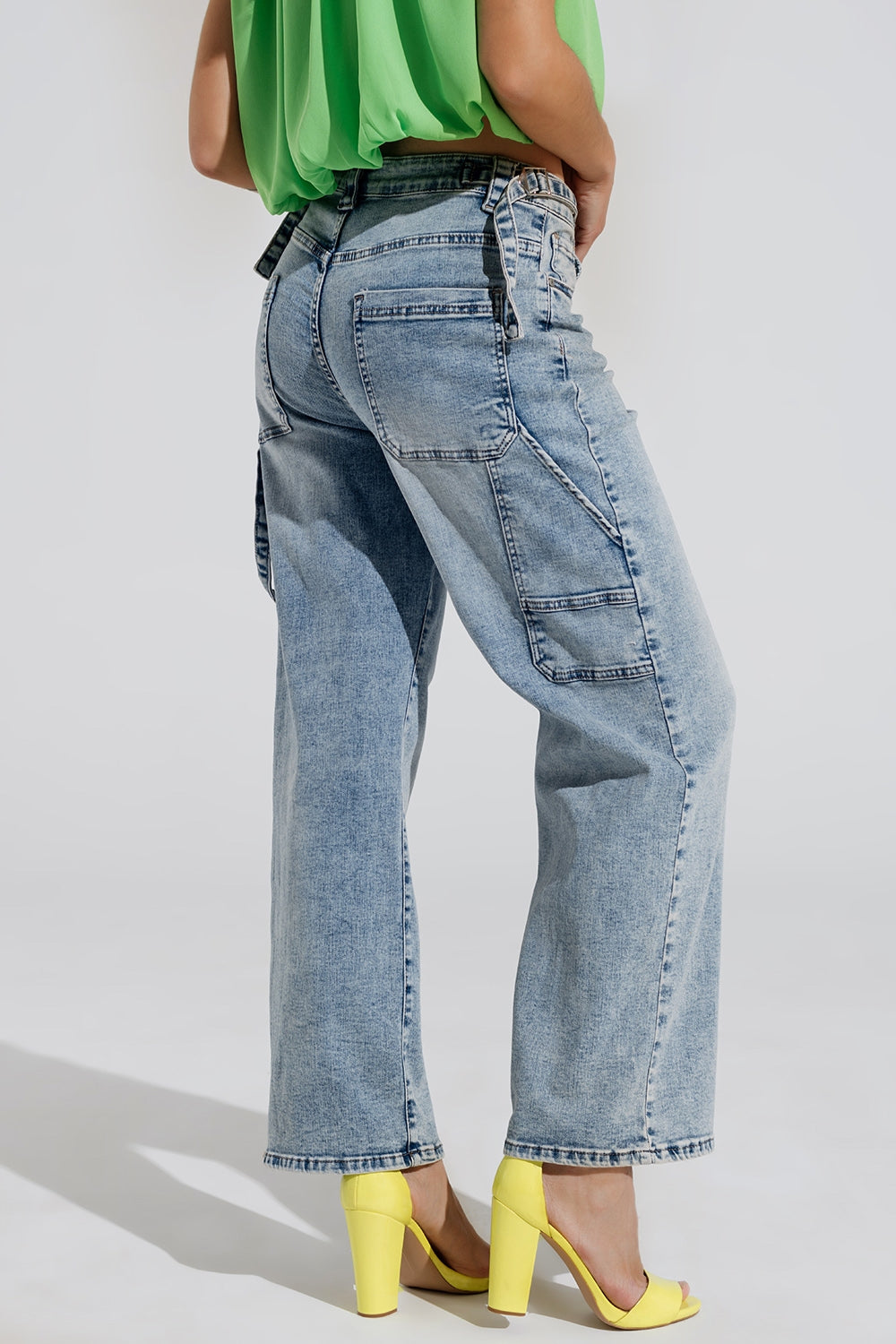 Cargo Style Bleached Jeans With Belt Like Strap Details At The Waist Q2 Jeans BoutiqueLua