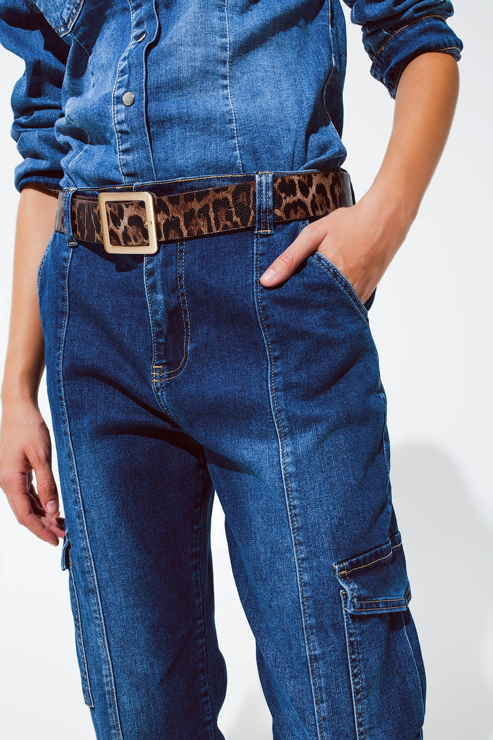 Cargo Style Jeans with Seam Down the Front in Medium Wash Q2 Jeans BoutiqueLua