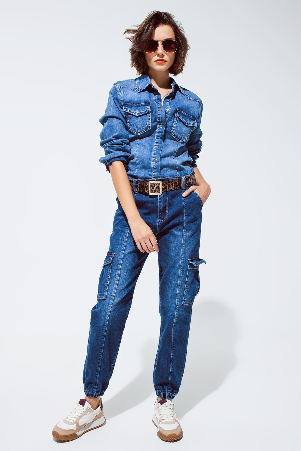 Cargo Style Jeans with Seam Down the Front in Medium Wash Q2 Jeans BoutiqueLua