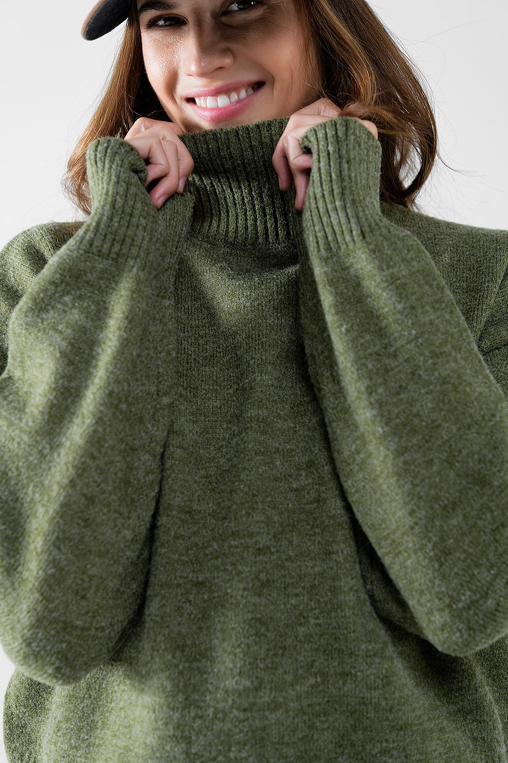 chunky knit sweater in green with turtleneck