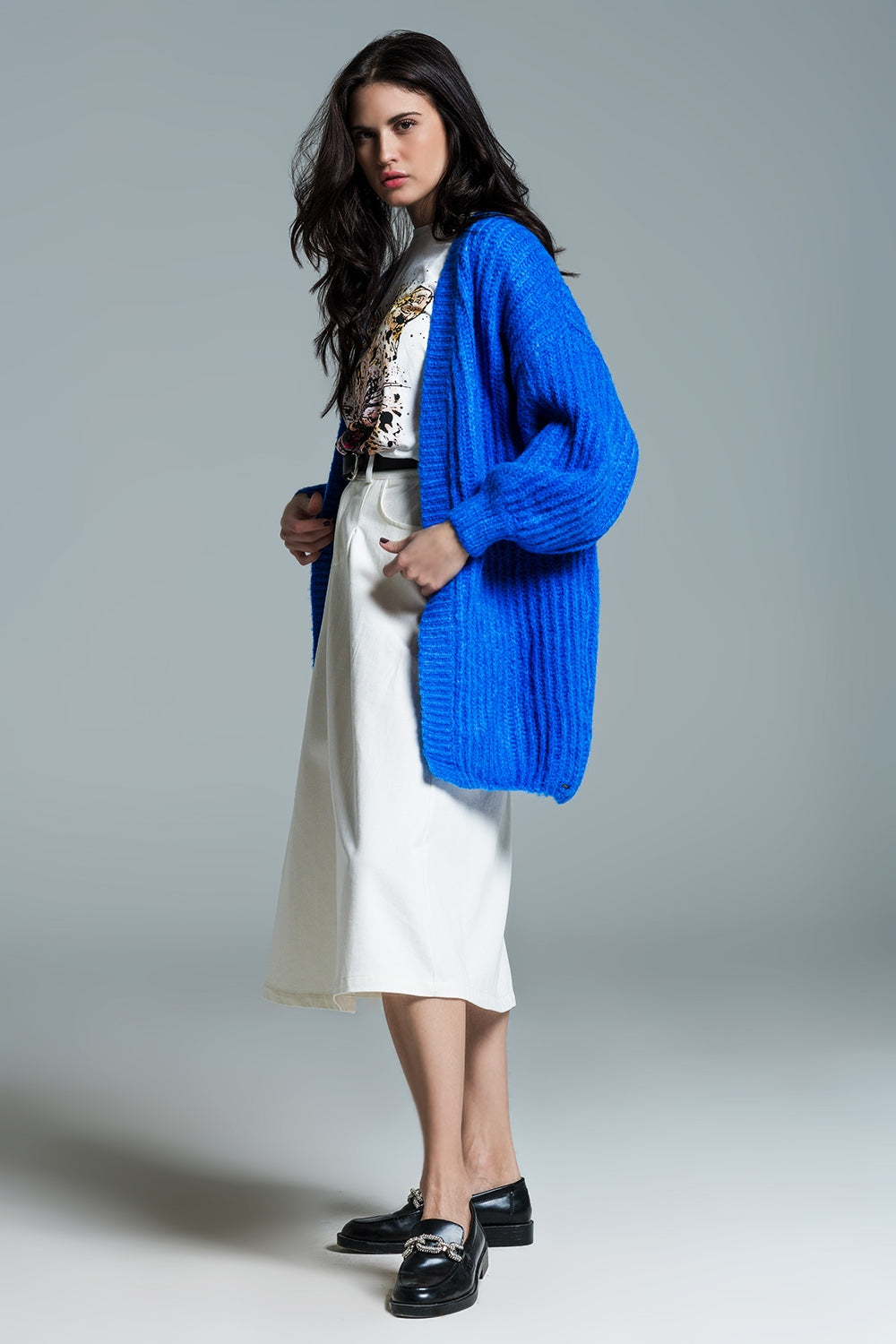 Chunky Rib Cardigan With 3/4 Sleeve in Royal Blue Q2 Sweaters BoutiqueLua