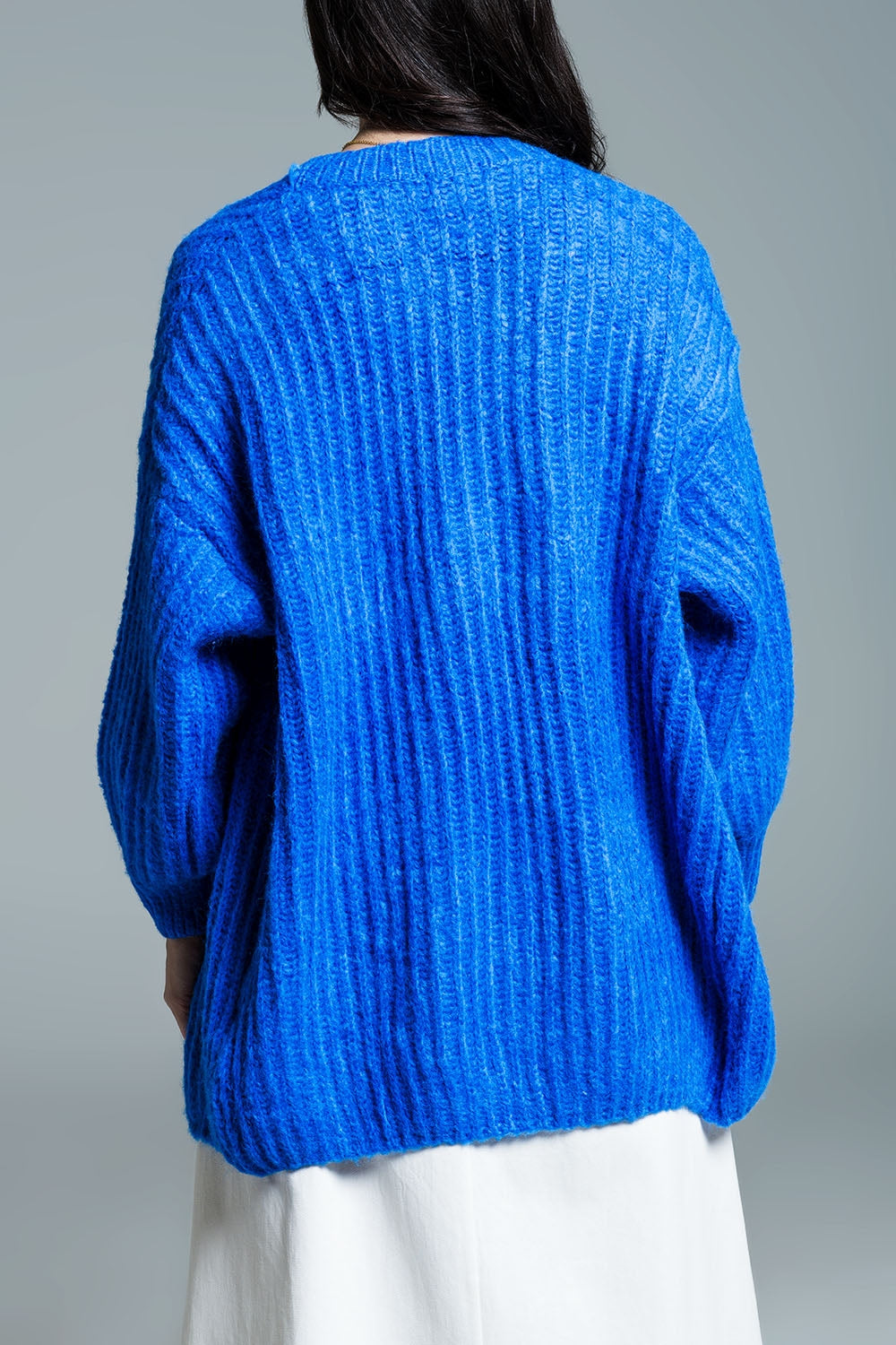 Chunky Rib Cardigan With 3/4 Sleeve in Royal Blue Q2 Sweaters BoutiqueLua